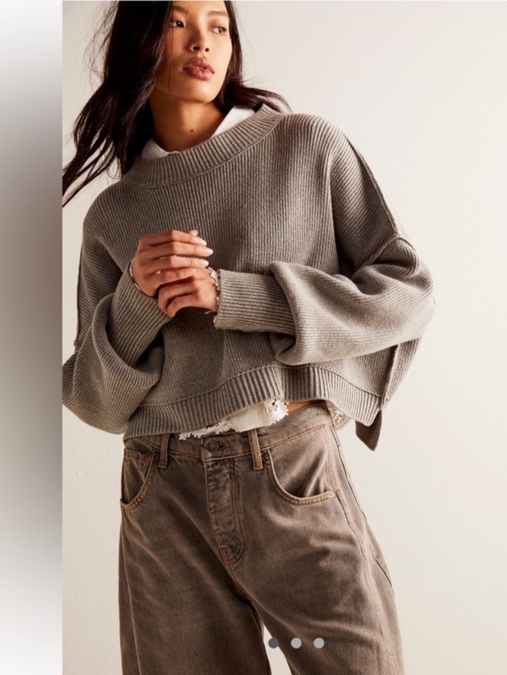 Free People Easy Street Gray Ribbed Cropped Sweater XS Oversized Slouchy